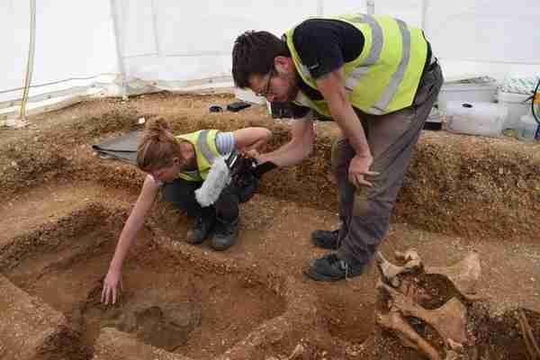 考古学家挖出“无头马”战车墓，两匹站姿“无头马”，主人躺盾上